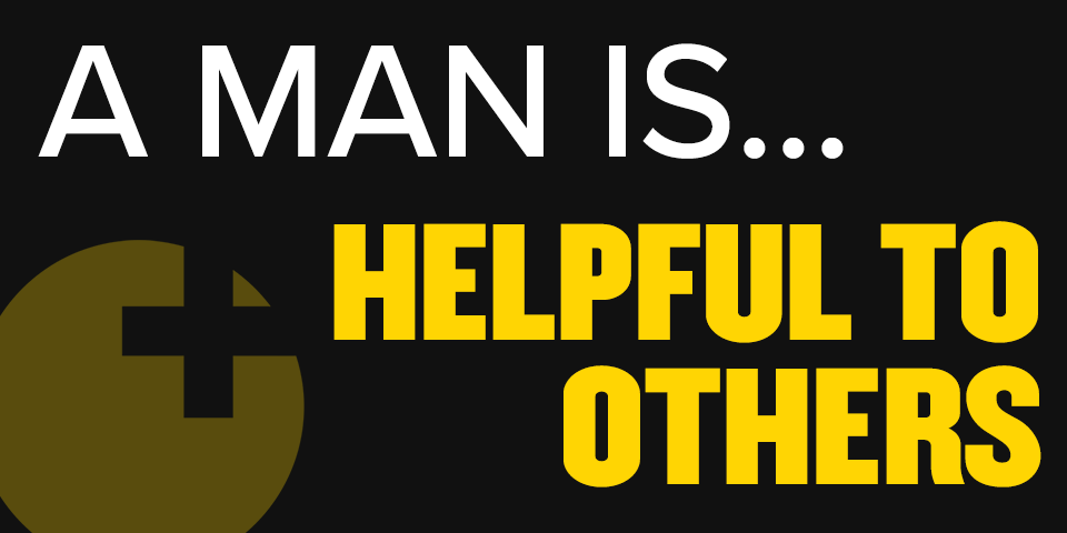 text: "a man is...helpful to others" in white and yellow on black background with sex positive logo in left bottom corner